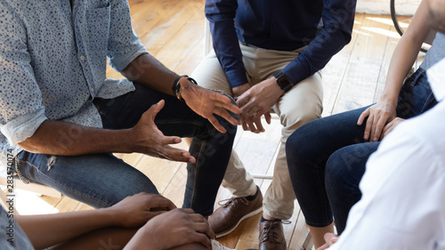Fotografía African man counselor speak at group counseling therapy session