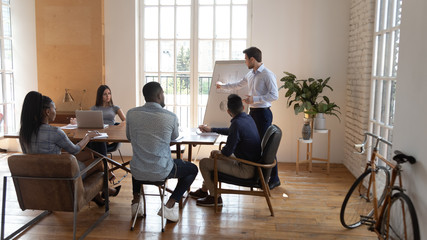 Wall Mural - Businessman speaker giving presentation to multiracial business people in office