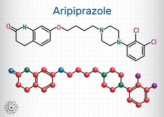 Sticker - Aripiprazole, neurotransmitter, atypical antipsychotic drug  molecule. Structural chemical formula and molecule model. Sheet of paper in a cage