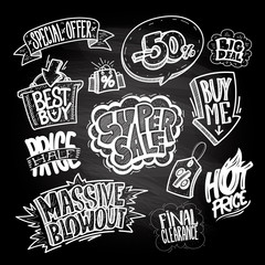 Wall Mural - hand drawn sale signs and elements on a chalkboard - super sale, buy me, massive blowout, best buy, 