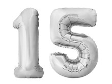 Number 15 Fifteen Made Of Silver Inflatable Balloons Isolated On White Background. Silver Chrome Balloons Forming 15 Fifteen Number