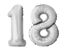 Number 18 Eighteen Made Of Silver Inflatable Balloons Isolated On White Background. Silver Chrome Helium Balloons Forming 18 Eighteen Number