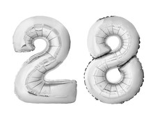 Number 28 Twenty Eight Made Of Silver Inflatable Balloons Isolated On White Background. Silver Chrome Helium Balloons Forming 28 Twenty Eight Number