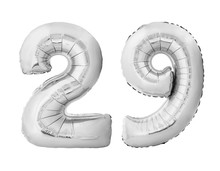 Number 29 Twenty Nine Made Of Silver Inflatable Balloons Isolated On White Background. Silver Chrome Helium Balloons Forming 29 Twenty Nine Number