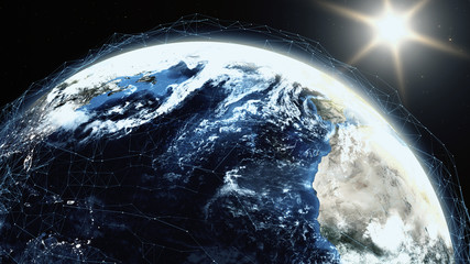 Realistic sunrise over planet Earth 3D illustration. Sunrise with digital data grid. Globe lits up from the Sun with technology mesh around. Internet and blockchain concept using NASA imagery in 4K