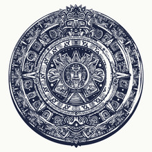 Aztec Sun Stone. Tattoo And T-shirt Design. Mayan Calendar. Mexican Mesoamerican  Monolith. Ancient Hieroglyph Signs And Symbols