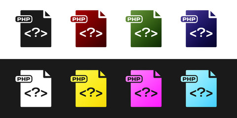 Set PHP file document. Download php button icon isolated on black and white background. PHP file symbol. Vector Illustration