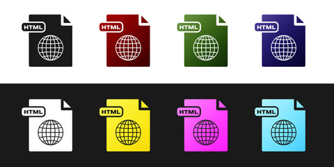 Set HTML file document. Download html button icon isolated on black and white background. HTML file symbol. Markup language symbol. Vector Illustration