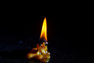 The remainder of the burning candle on a black background.