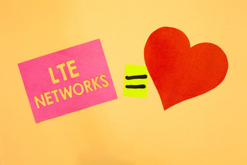 Word writing text Lte Networks. Business concept for Fastest network connection available for wireless communication Pink piece paper reminder equal sign red heart sending romantic feelings