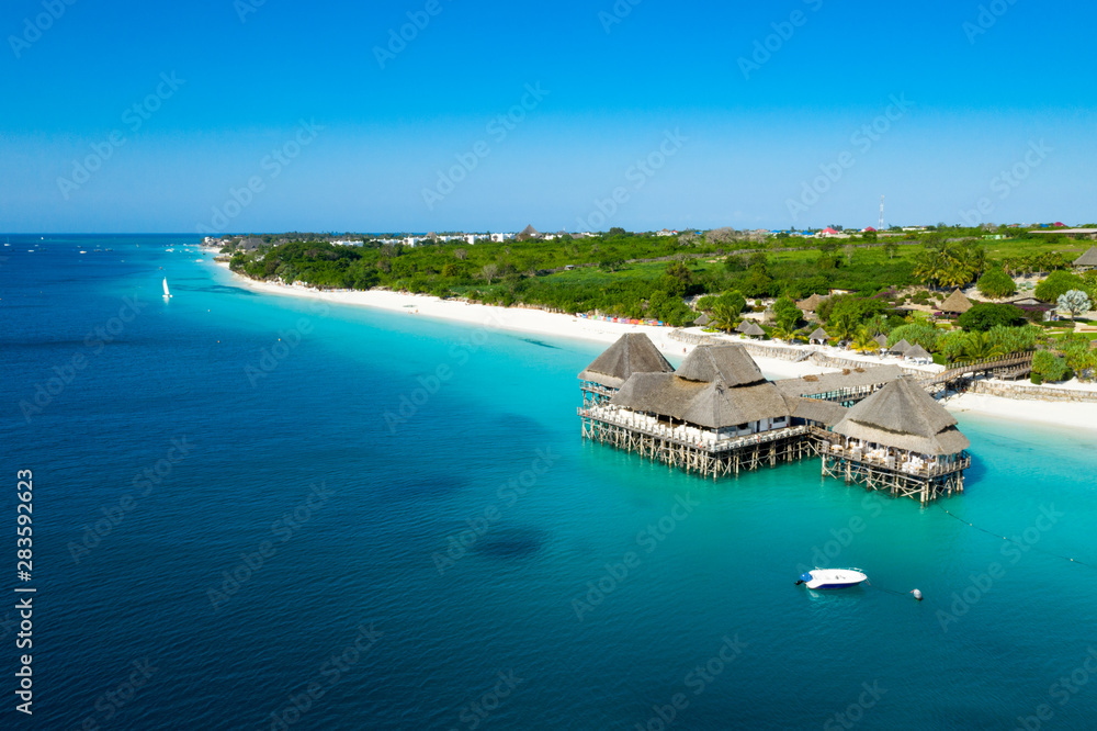 The beautiful tropical Island of Zanzibar aerial view. sea in Zanzibar beach, Tanzania. - obrazy, fototapety, plakaty 