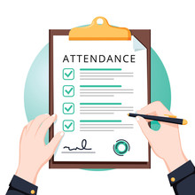 Attendance Concept. Businessman Holding Document. Vector Flat Design. Man Hold Document Clipboard With Checklist.