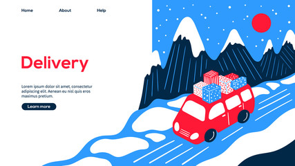 Red car with gifts on rooftop web page design.