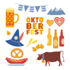 Wall Mural - Hand drawn Oktoberfest flat color vector icon set