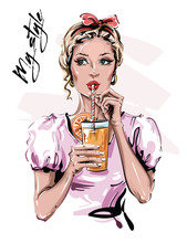 Hand Drawn Beautiful Young Woman With Drink. Stylish Pin-up Girl With Head Accessory. Fashion Woman Look. Sketch. Vector Illustration.