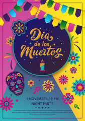 Dia de Los Muertos A4 poster design. Mexican Day of the Dead inscription on dark background. Vector colorful template with festival fire, decorated skull, flowers, lettering sign and garland. 