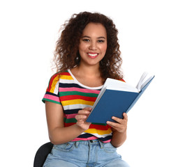 Sticker - Beautiful African-American woman with book on white background. Reading time