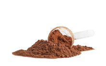 Pile Of Chocolate Protein Powder And Scoop Isolated On White