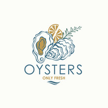 Label Of Fresh Oyster Shell And Lemon Isolated On Light Background