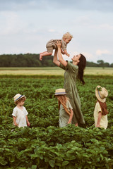 Wall Mural - Beautiful young caucasian mother with children in a linen dress with a basket of strawberries gathers a new crop and has fun with the children