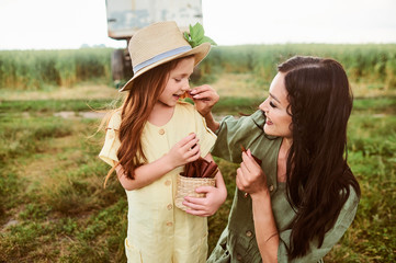 Wall Mural - Beautiful young caucasian mother with her daughter in a linen dress with a basket of strawberries snacks gathers a new crop and has fun in the green field