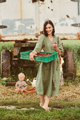 Wall Mural - Beautiful young caucasian mother with her children in a linen dress with a basket of strawberries gathers a new crop and has fun with the children near the trailer