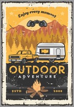 Car, Rv And Campfire. Outdoor Adventure, Travel