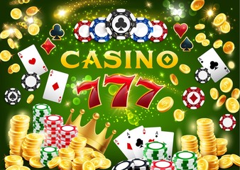 Wall Mural - Casino chips, poker cards, 777 and gold coins