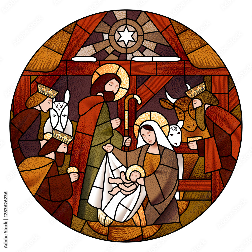 Circle stained glass with the Christmas in beige and brown colors - obrazy, fototapety, plakaty 
