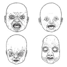 Set Of Little Demon Faces With Teeth. Hand Drawing Of Baby Devil. Halloween Props. Vector.