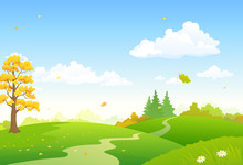 Vector Cartoon Illustration Of A Colorful Autumn Scenery