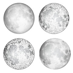 Wall Mural - Set of realistic full moon and moon stipple drawing. Vintage engraving astrology or astronomy design. Vector.