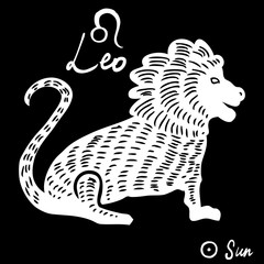 Hand drawn zodiac constellations symbol and sign Leo, Sun illustration picture planet and symbol written name. Usable for mystic occult palmistry and witchcraft alchemy. Vector