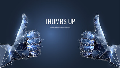 Hand, Thumb up. Low polygon wireframe style. Abstract isolated on blue background. Gesture hands in the form of a starry sky. Development approval symbol. Plexus lines and points in silhouette.