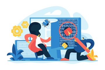 Sticker - Programmers catching bugs. Service company checking system errors. IT software application testing, quality assurance, QA team and bug fixing concept. Vector isolated concept creative illustration