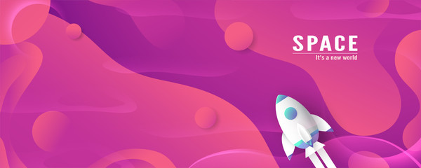 Wall Mural - Rocket is flying in galaxy space of the universe. Abstract gradient background in liquid and fluid style. Trend creation of the world. 3D illustration template design.