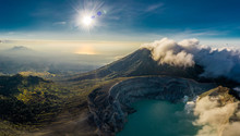 Aerial View Of Beautiful Ijen Volcano With Acid Lake And Sulfur Gas Going From Crater, Indonesia