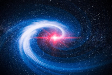 illustration of cosmic rays and dust light from in the galaxy spinning spiral in to center of univer