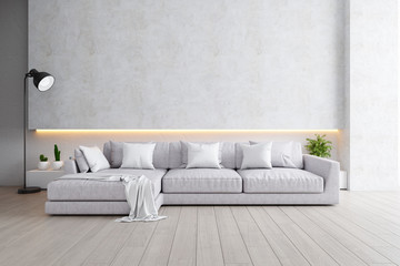 modern loft interior of living room, gray sofa with black lamp on wood flooring and white wall ,3d r