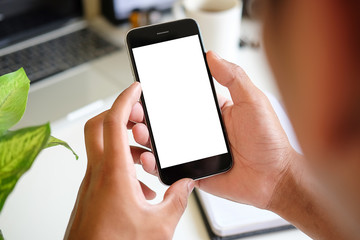 Wall Mural - cropped shot view of man hands holding smart phone with blank copy space screen for your text messag