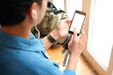 Wall Mural - cropped shot view of man hands holding smart phone with blank copy space screen for your text messag