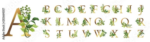 Fotomural Collection romantic gold letters with drawn watercolor leaves