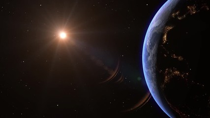 Wall Mural - planet earth slowly rotating revealing day to night concept with bright city lights over north and s