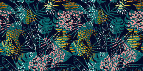 trendy seamless exotic pattern with palm, animal prints and hand drawn textures.