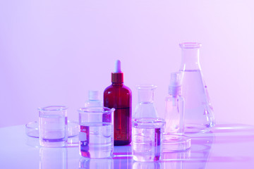 Wall Mural - flask of water olution in science laboratory background