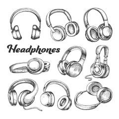 Poster - collection different sides headphones set vector. modern portable electronic device headphones for l