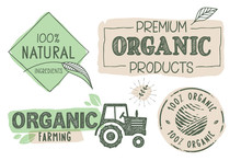 Organic Food, Farm Fresh And Natural Products Labels And Stickers Collection. Vector Illustration For Food Market, E-commerce, Restaurant, Healthy Life And Premium Quality Food And Drink Promotion.