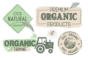 Wall Mural - Organic food, farm fresh and natural products labels and stickers collection. Vector illustration for food market, e-commerce, restaurant, healthy life and premium quality food and drink promotion.