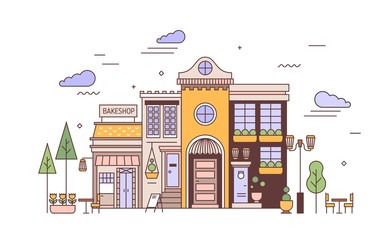 Fototapete - Urban landscape with facades of exquisite European building and bakery. Street view of city district with elegant house and bakeshop or bakehouse. Colorful vector illustration in line art style.