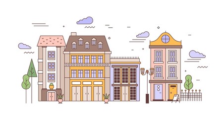 Fototapete - Urban landscape with district with elegant residential buildings of European architecture. Cityscape with stylish living houses, street lights, trees. Colorful vector illustration in line art style.